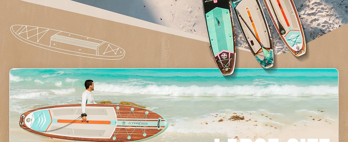 Planche à pagaie sur la plage. L'image principale montre une personne sur un tableau orange dans une eau turquoise. L'encart supérieur présente différents modèles de tableau, y compris un contour blanc et des options colorées