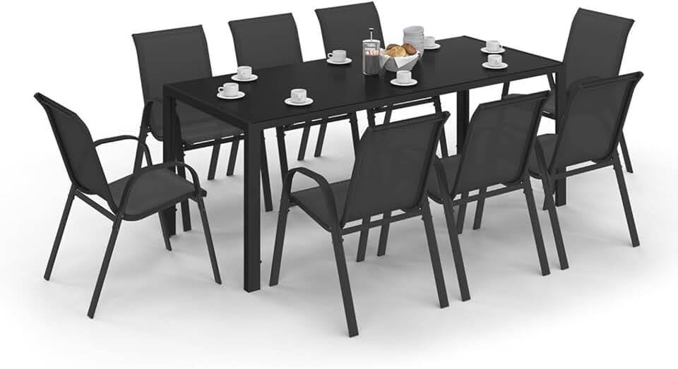 jardinito - Madrid salon jardin, table 190cm, 8 chaises empilables noires
