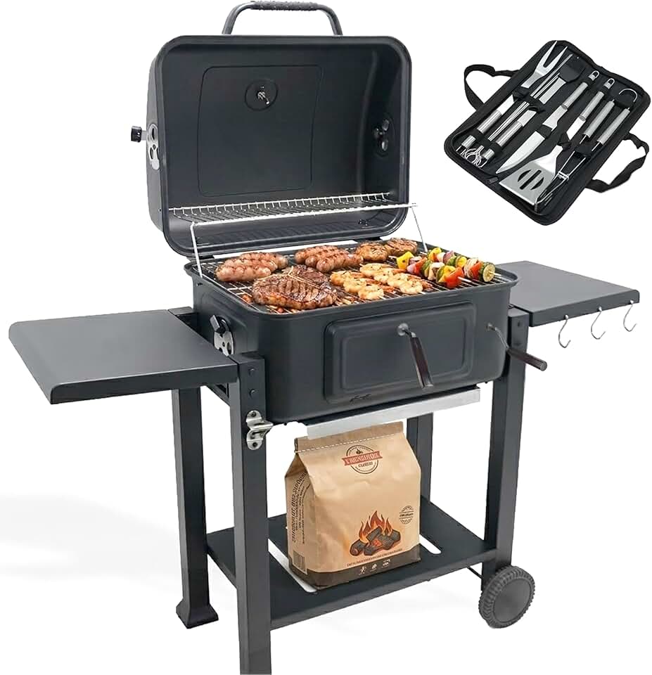 Barbecue charbon avec couvercle - grille XL 54x43cm - tablettes pliantes - récupérateur cendres