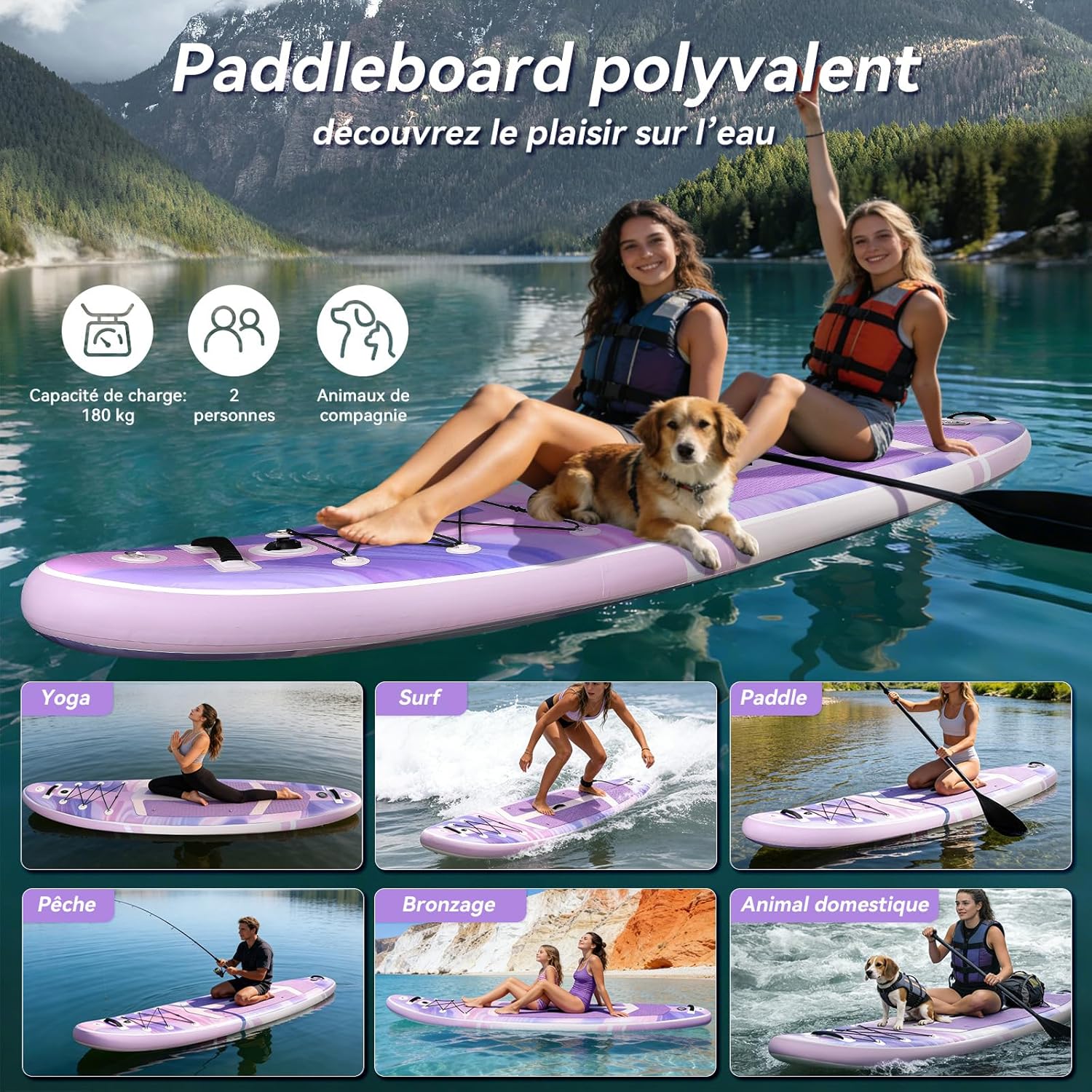 jardinito - Paddle Gonflable Série Adulte - 320/335cm - 2 personnes, siège kayak, pagaie alu, support caméra, jusqu'à 15