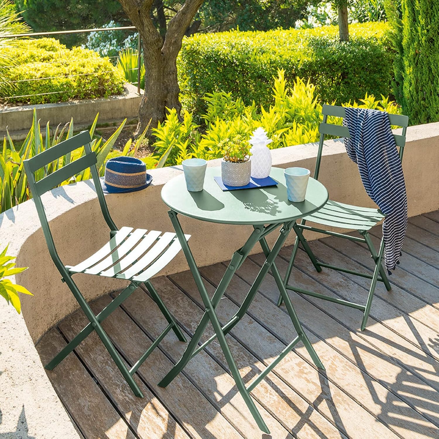jardinito - Greensboro - Ø60 cm - Table de jardin pliante acier vert 2 places