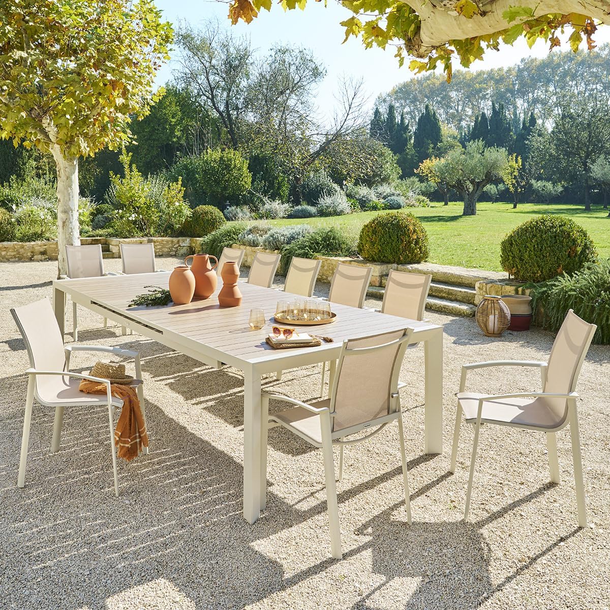 jardinito - Evasion Argile - table extensible 14 places - aluminium bois antirouille, rallonge