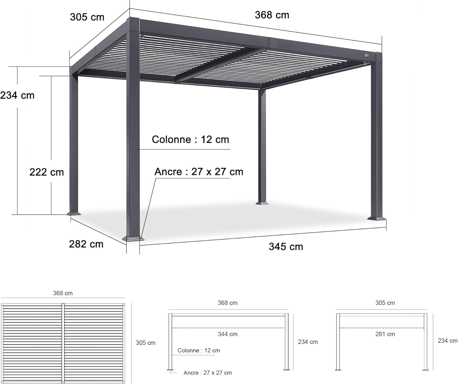 jardinito - Pergola bioclimatique - 3 x 3,65 m - aluminium, lames orientables, LED, imperméable
