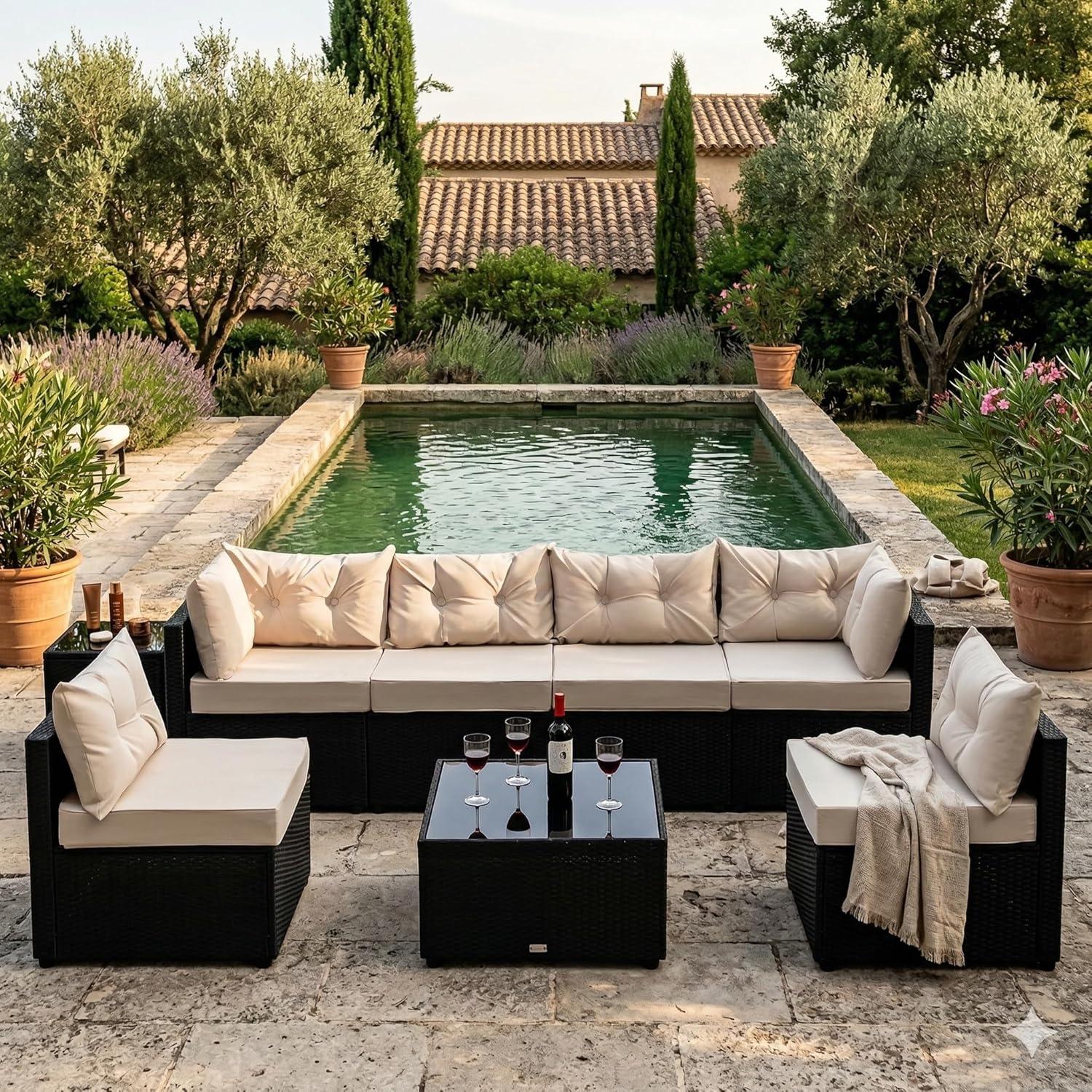 jardinito - NACULA - Salon de jardin 5 places, résine tressée, coussins beige, table basse verre, extérieur