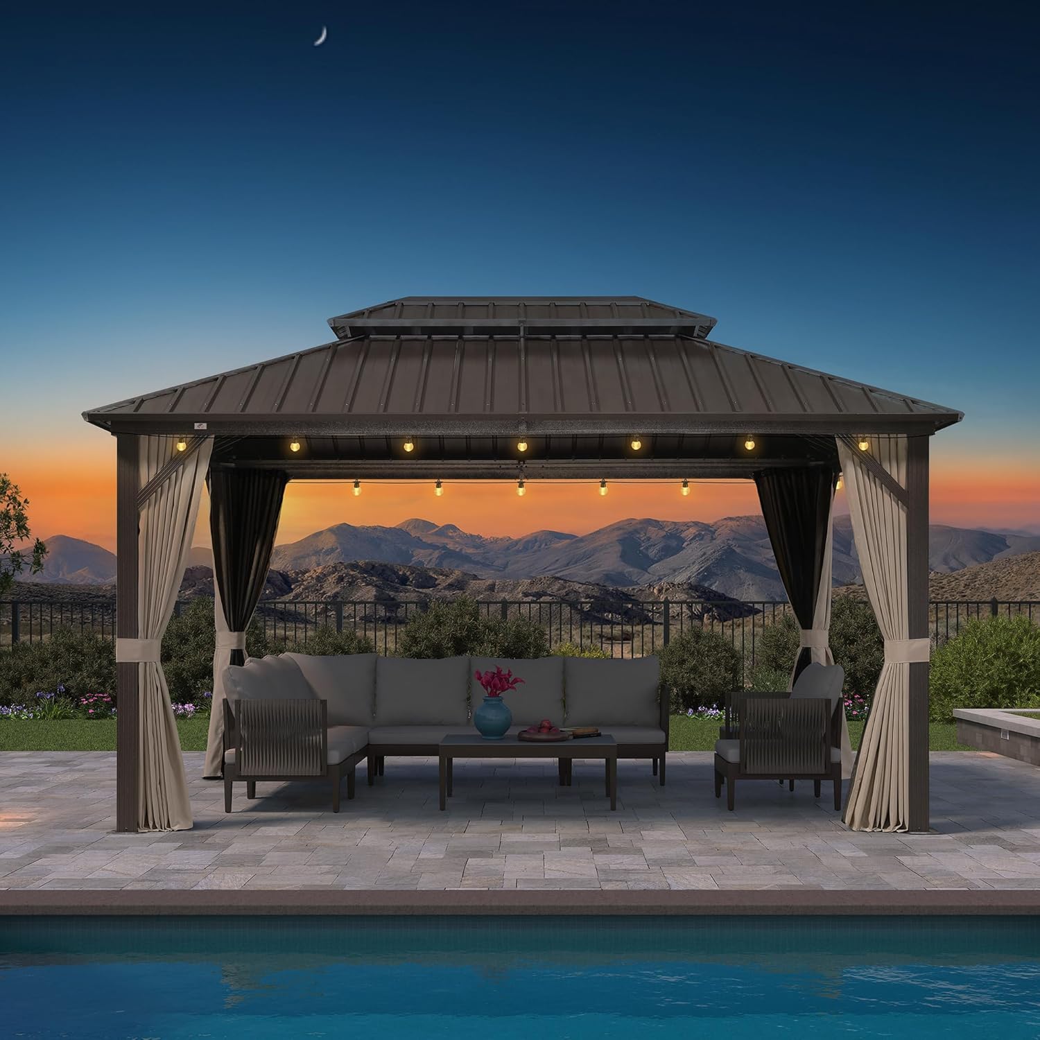 jardinito - Pergola toit rigide - 4,25x3m - acier, aluminium, guirlande