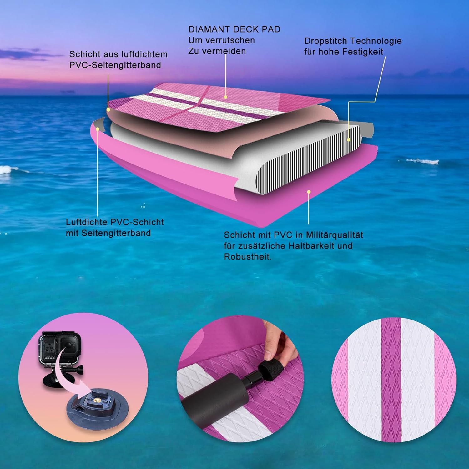 Stand up Paddle gonflable - siège kayak - 330x76x15cm, 150kg, accessoires, Pink