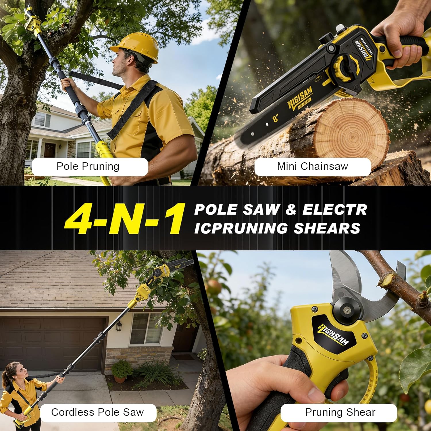 Mini scie à chaîne sans fil 8 pouces, 4-en-1, tige 4,2m, 2x4,0Ah, yel