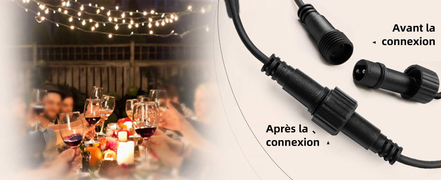 Image divisée montrant une scène de repas en plein air avec des guirlandes lumineuses et une illustration technique des composants du connecteur noir avant et après le raccordement.