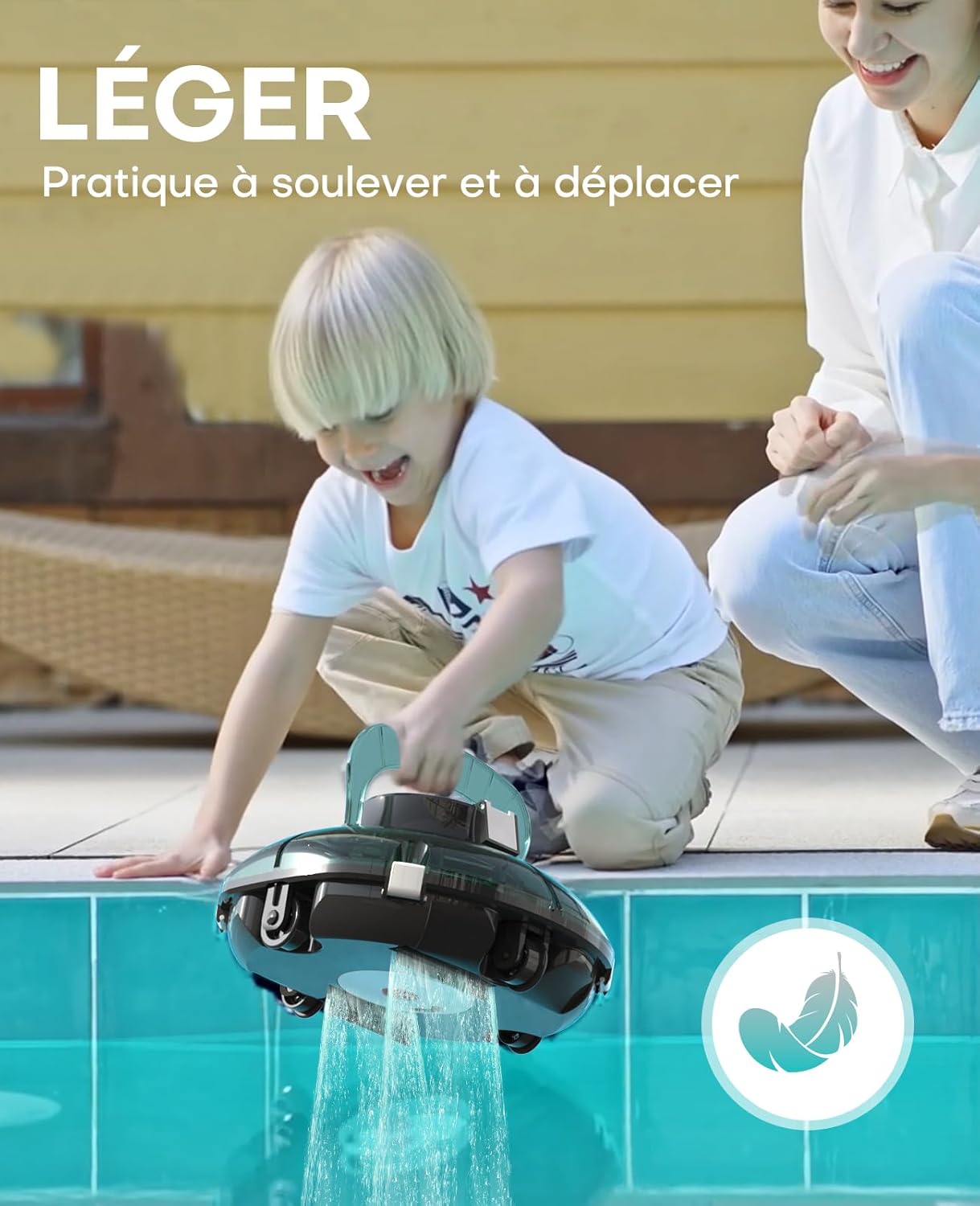jardinito Winny 200 Robot Piscine, Aspirateur Piscine Sans Fil Avec Batterie, Autonomie 75 Min pour Piscines Hors-Sol 60m², Double Filtration,Stationnement Automatique(Transparent Vert Blanc)