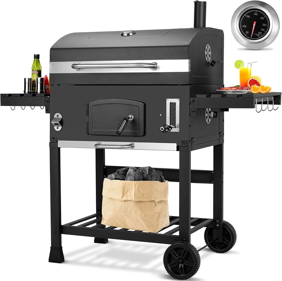 jardinito - Barbecue XXL, charbon, chariot, couvercle, thermomètre, fumoir, hauteur réglable