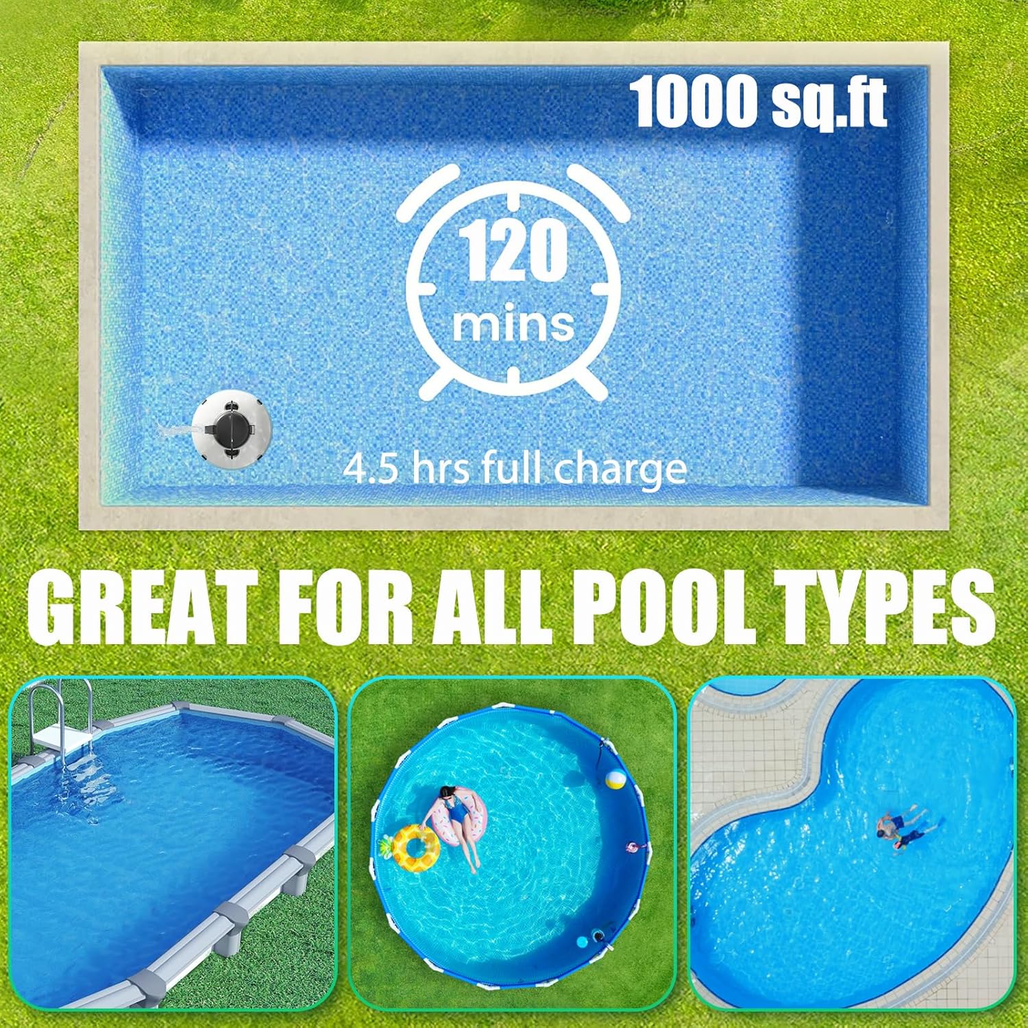 Robot aspirateur piscine - sans fil - 120 min autonomie, 1000 pi2, autoparking