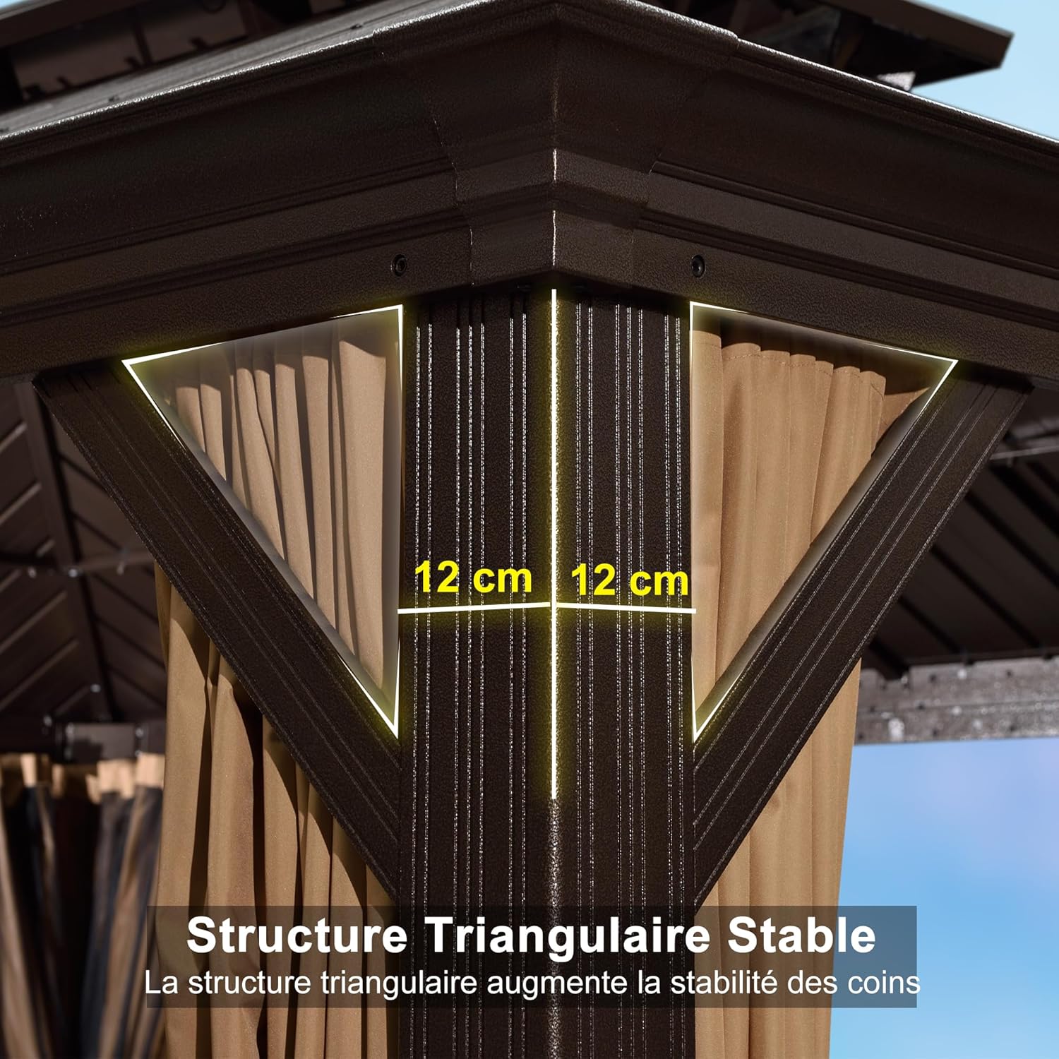 jardinito - Tonnelle aluminium série éclairée - 4,85x3,65 m - gouttière, rideaux moustiquaires, poteaux renforcés, bro