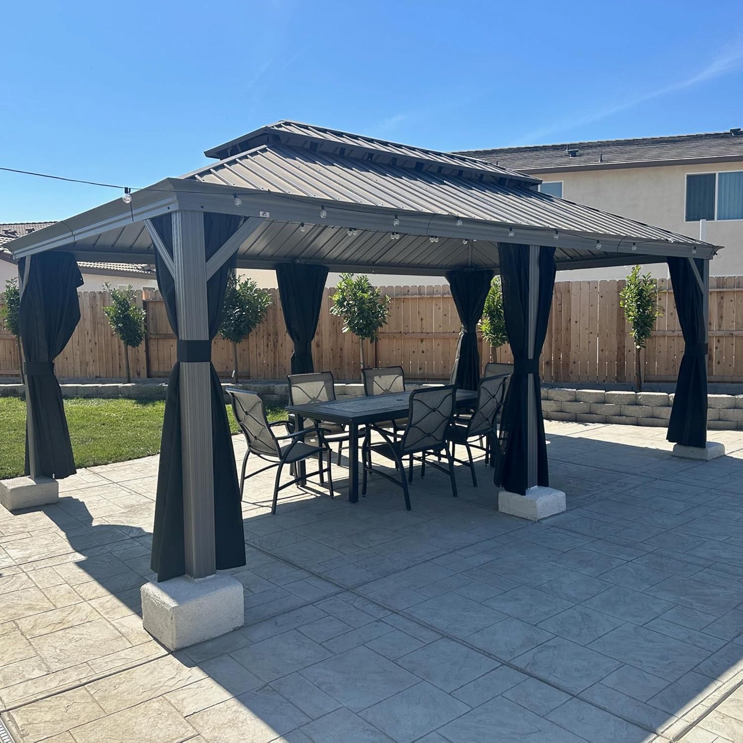 jardinito - Pergola double toit aluminium 3,65x6m rideaux LED, Gris -