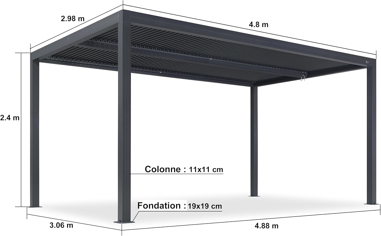 jardinito - Pergola aluminium bioclimatique 4,8x3m, lames orientables, persiennes fixes, gris