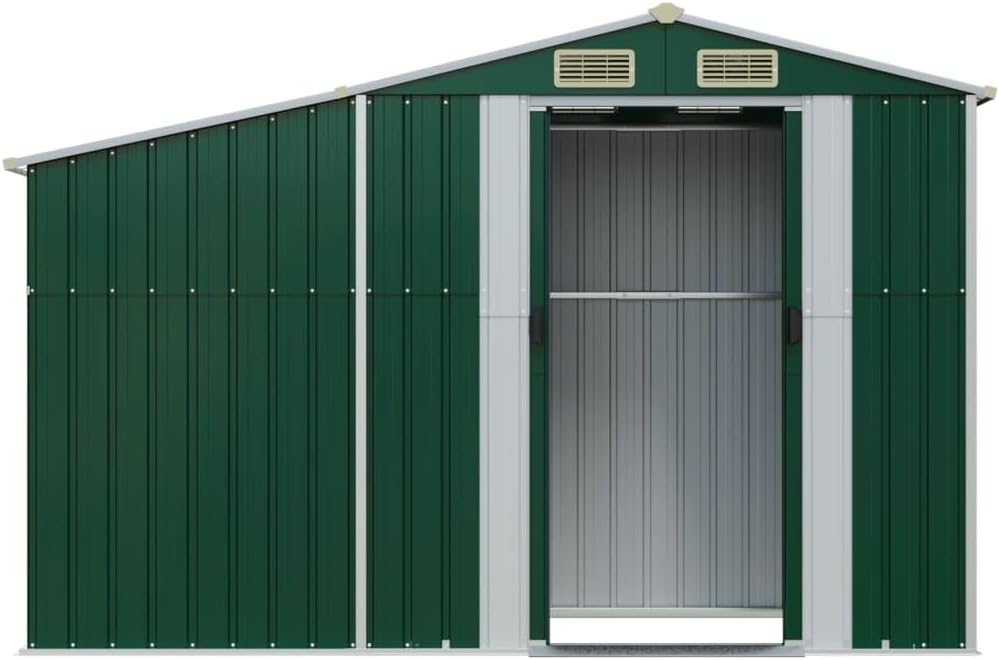 Abri de jardin vert 277 x 93 x 179 cm en acier galvanisé avec toit incliné et ouvertures d'aération pour outils de jardin et stockage du bois de chauffage