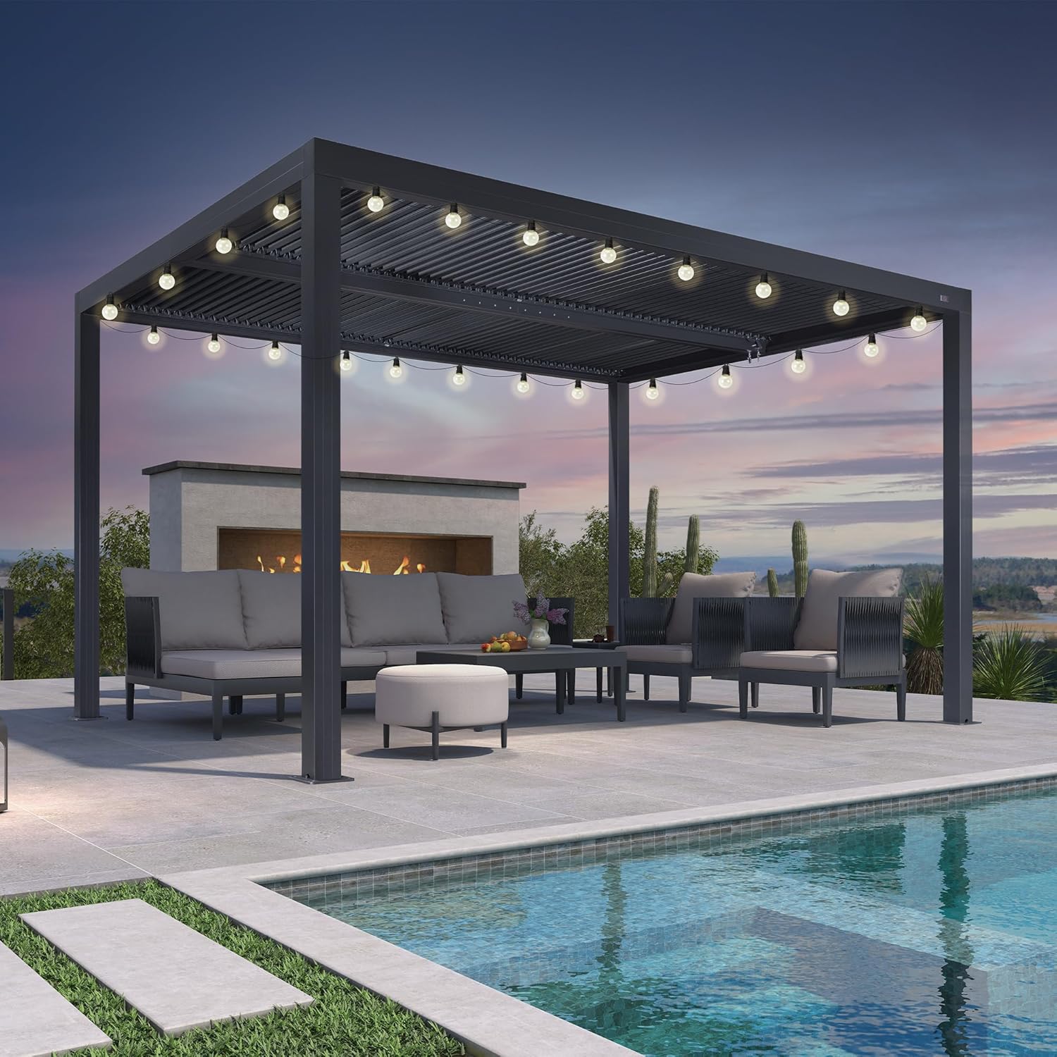jardinito - Pergola bioclimatique - 4x3,3m - lames orientables, éclairage intégré