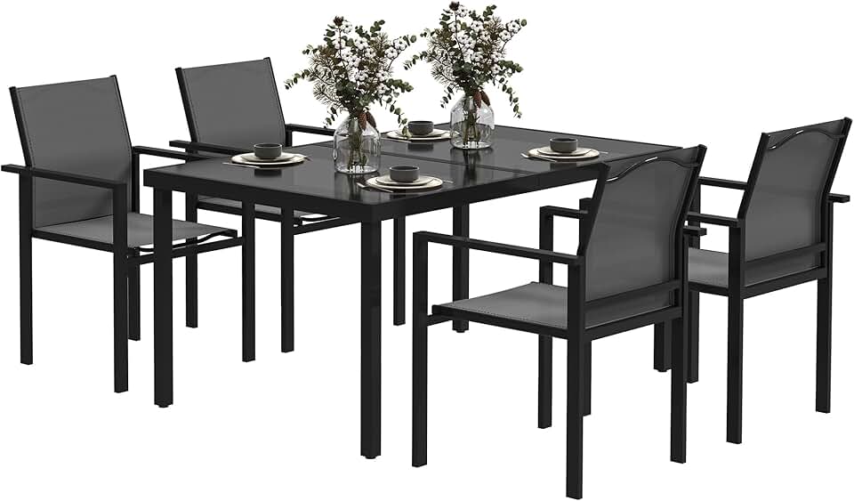 jardinito - salon de jardin extérieur 4 places - table verre 140 cm, chaises empilables, noir