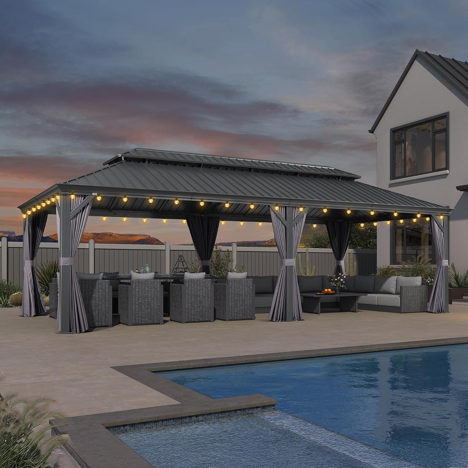 jardinito - Pergola série extérieure - 8,5x4,25m - alu, LED, rideaux, moustiquaires, gouttière