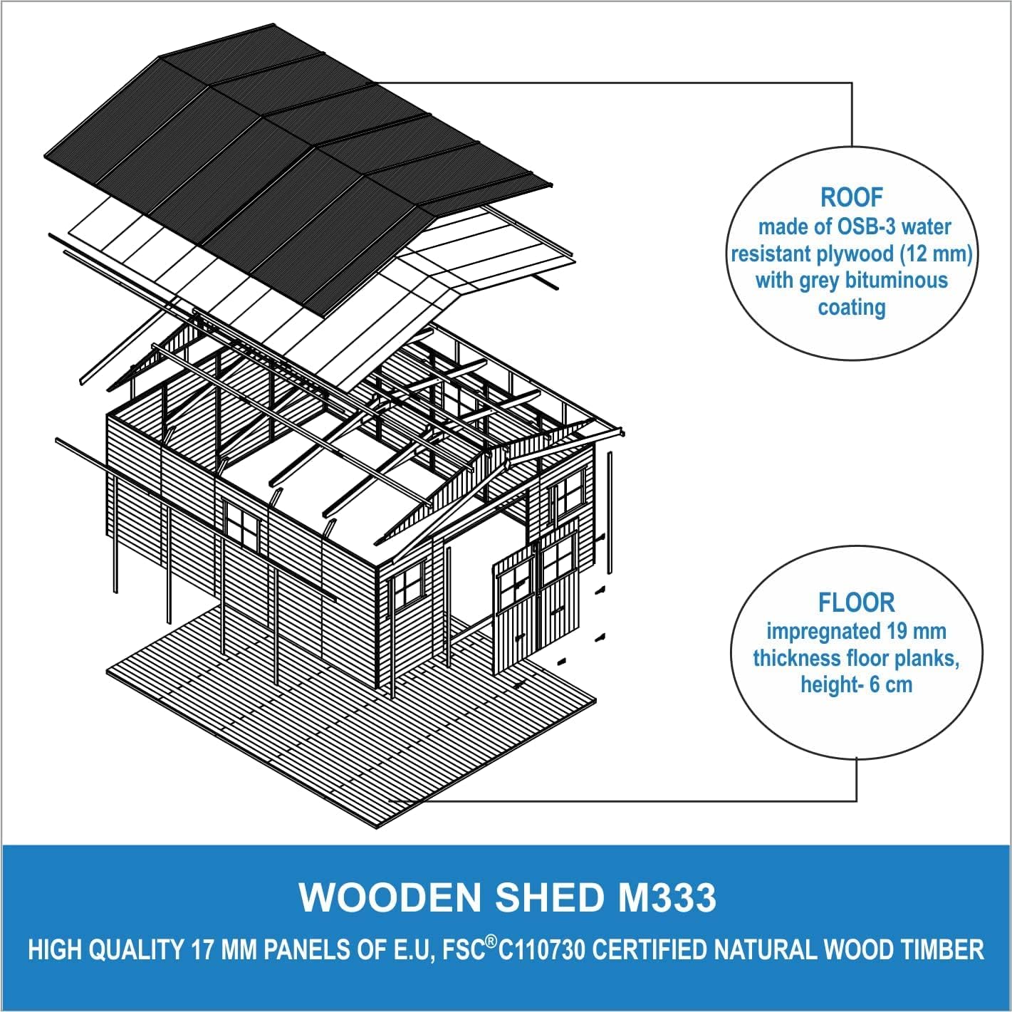 Abri de Jardin en Bois Exterieur avec Les PLANCHERS IMPRÉGNÉ- Maison de Jardin en Pin/épicéa-H246x418x522 cm/20 m²-Construction de Panneaux- Rangement pour vélos, Remise à Outils-jardinito M333 +M333G