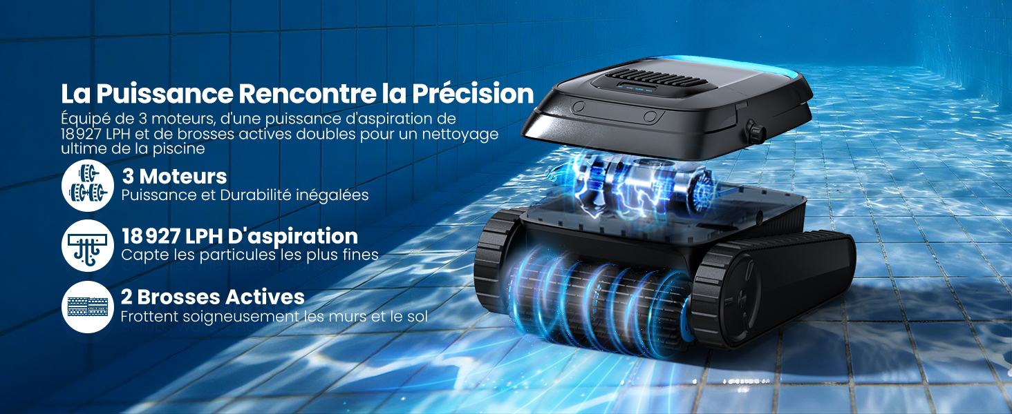 Le texte indique « La Pulsionaire rencontre sa protection » avec une scène sous-marine montrant un équipement photographique submersible. Comprend des icônes circulaires avec du texte sur la résistance à l'eau, les spécifications et les caractéristiques sur fond bleu de l'océan.