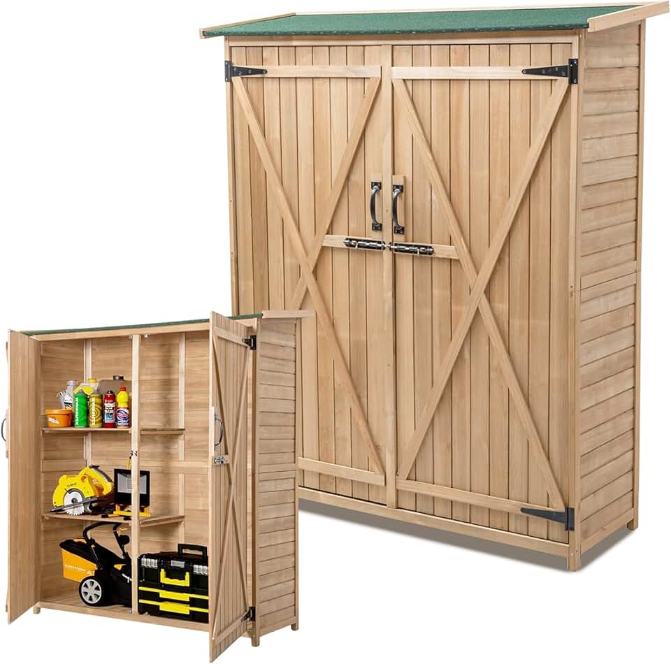 jardinito Abri de Jardin en Bois 140x50x162 cm, Abri à Outils avec Toit en Asphalte Incliné, Portes et Étagères Double Fermeture, Meuble de Rangement pour Extérieur Arrière-Cour Patio Pelouse