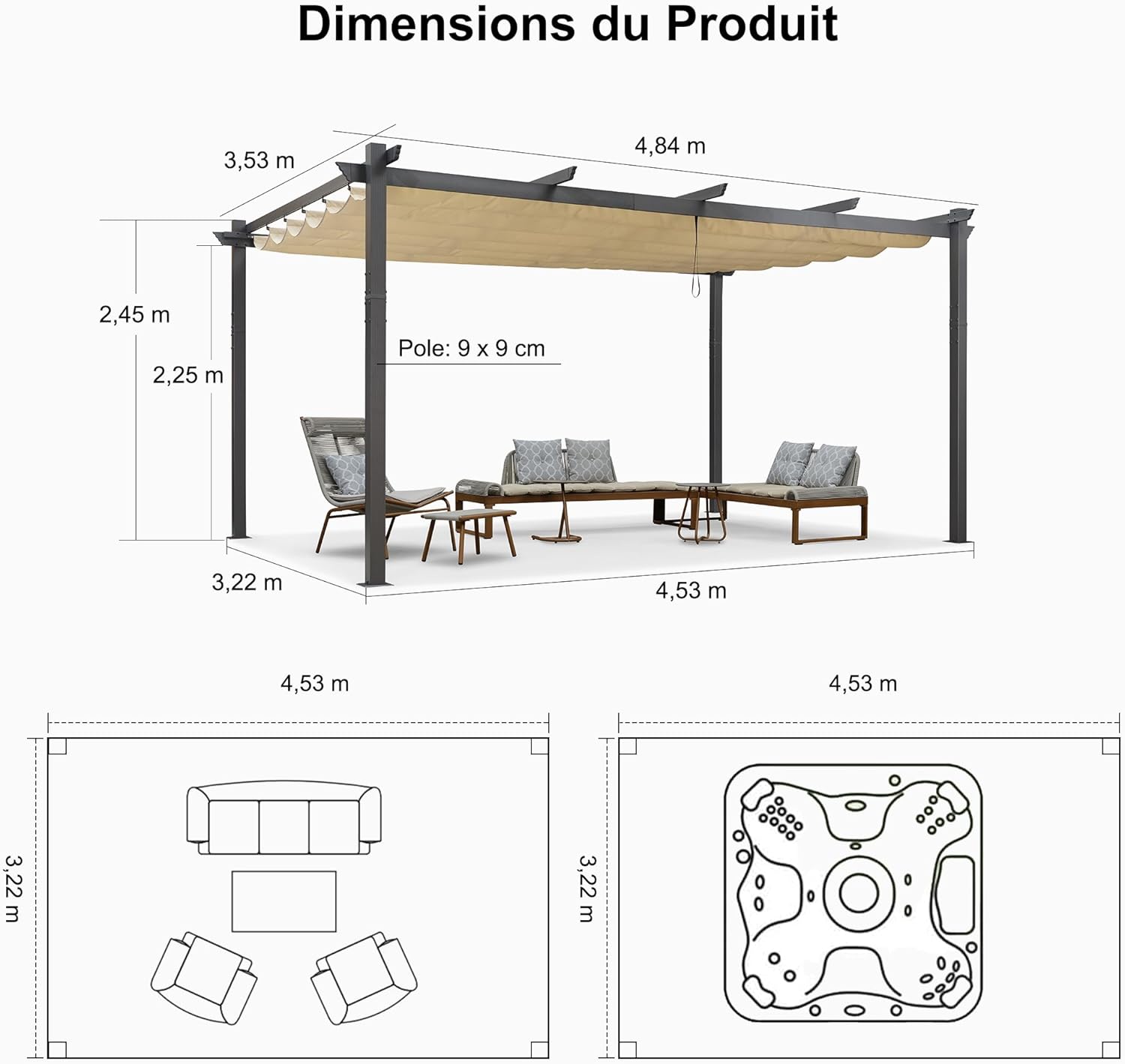 jardinito - Pergola aluminium série - 4,8x3,5m - toit coulissant, tissu teint fil, kaki