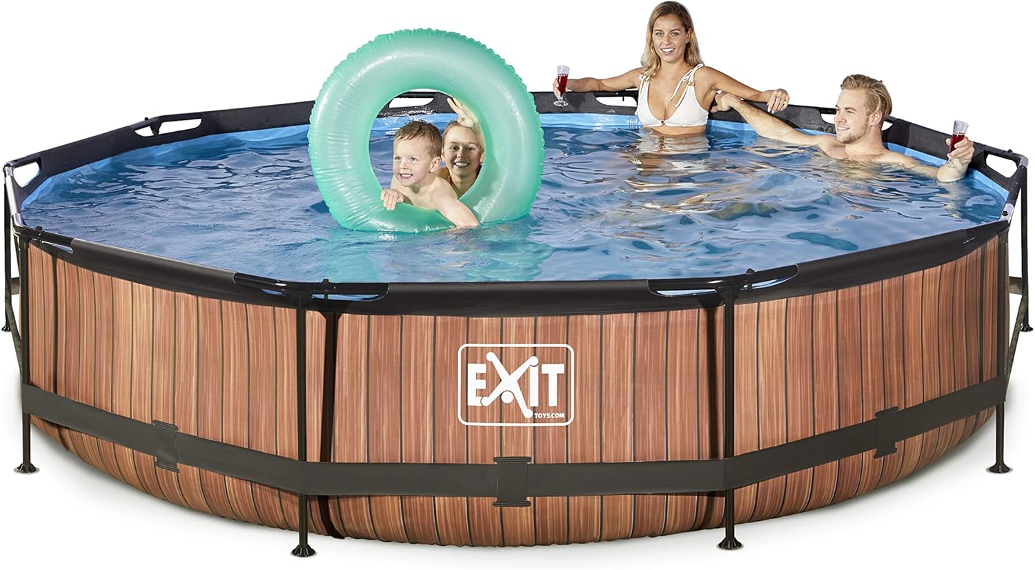 jardinito Piscine Tubulaire Wood - ø360x76cm - Piscine Hors Sol Ronde Grande avec Pompe Filtrante à Cartouche - Entrée Basse - Idéal pour Les Jeunes Enfants - Cadre Stable - Design Unique - Marron