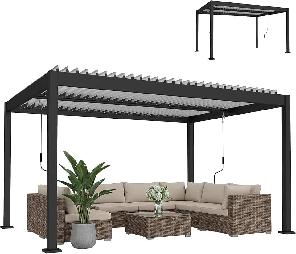 jardinito - Pergola Bioclimatique - 4x3m - alu blanc, toit lames orientables, manivelle