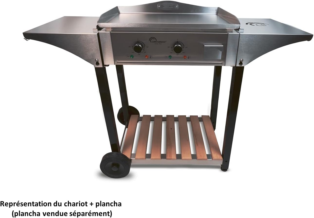 jardinito - Chariot plancha Aquitaine Pro - inox/bois, roulettes, dessertes latérales - 8477