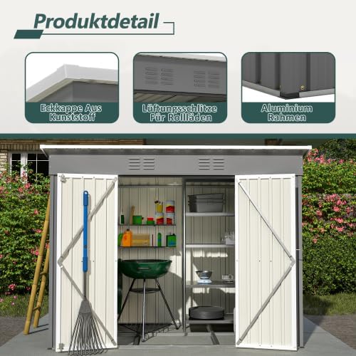 Abri de jardin en métal 229x111 cm – Gris, résistant aux intempéries avec cadre de fondation et porte verrouillable, pour vélos et outils, remise 8x4 pi