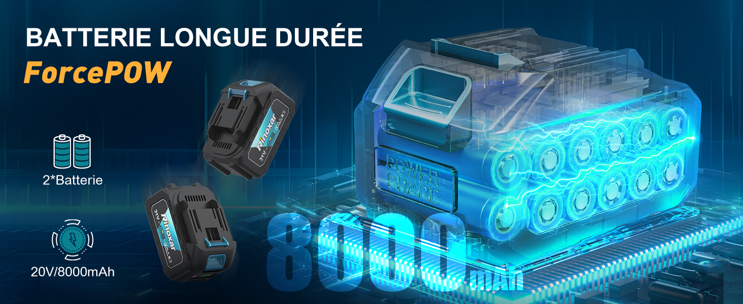 Illustration du produit montrant un système de batterie étiqueté « ForcePow » avec des composants bleus brillants et des spécifications techniques affichées sur une interface numérique