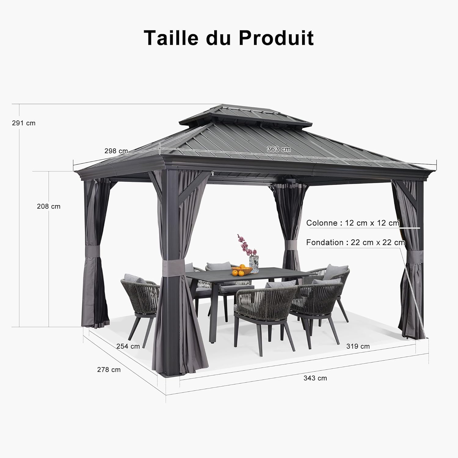 jardinito - tonnelle aluminium 4x3m, éclairage intégré, rideaux, gouttière