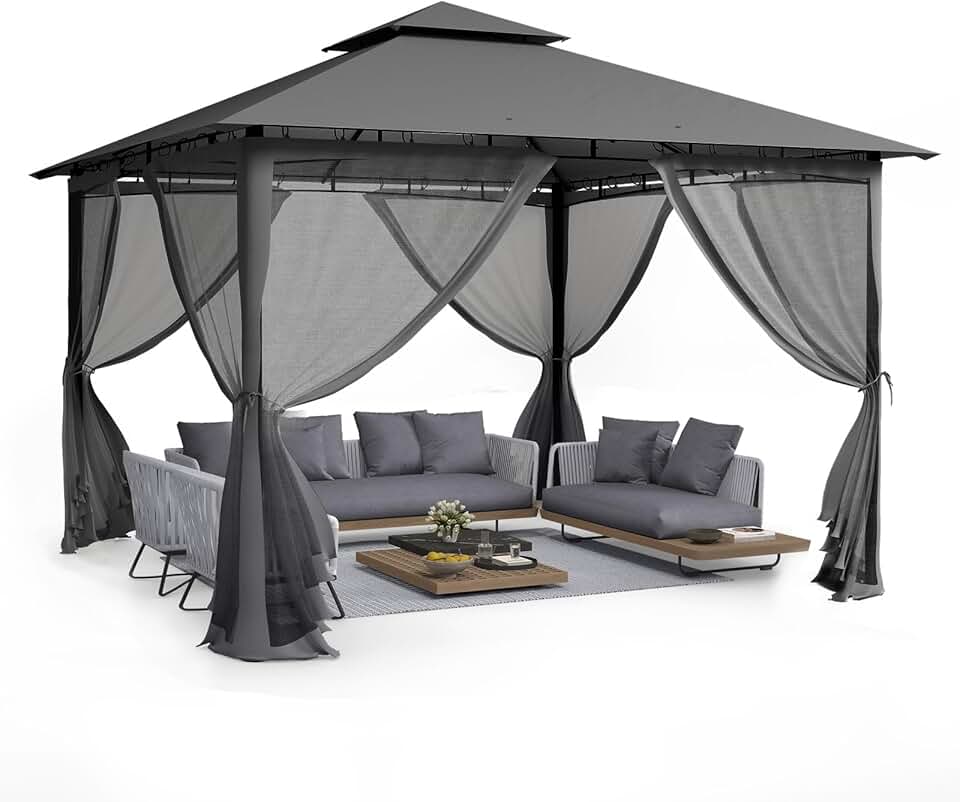jardinito - Double Toit, 3.4x3.4m - Métallique, moustiquaire, gris