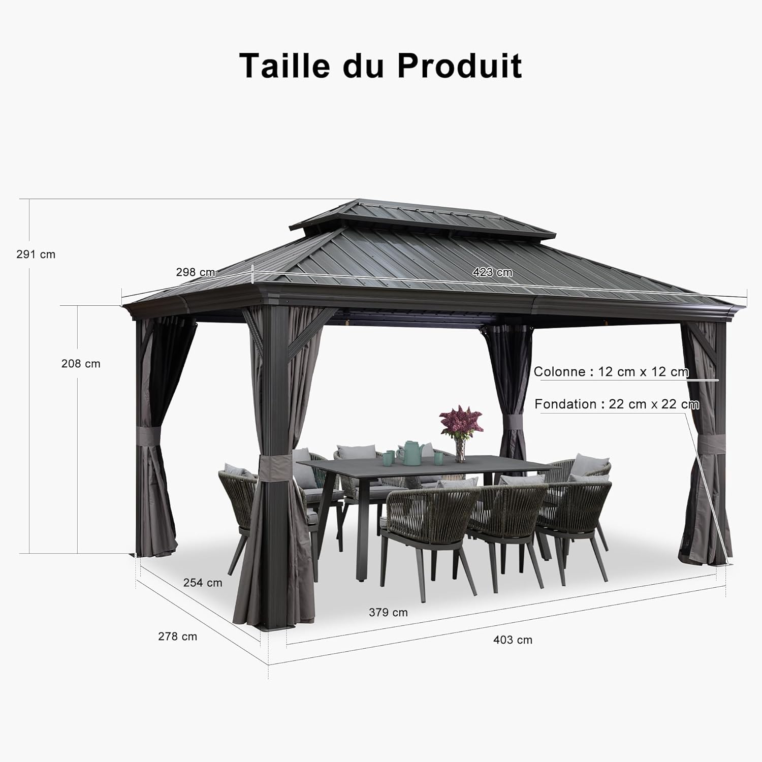 jardinito - tonnelle aluminium - 4,25x3 m - éclairage, rideaux, gouttière, poteaux renforcés