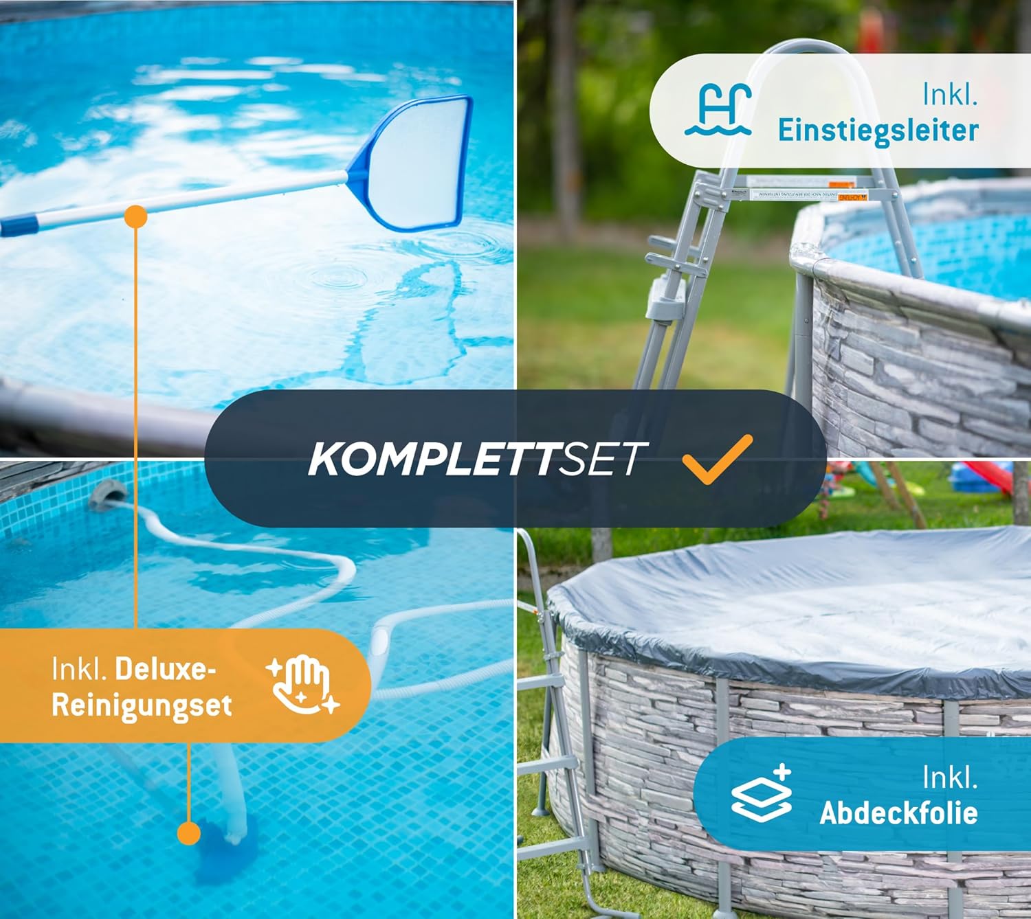 jardinito - Frame Pool Kit rond - 427x107 cm - aspect pierre grise, pompe à filtre
