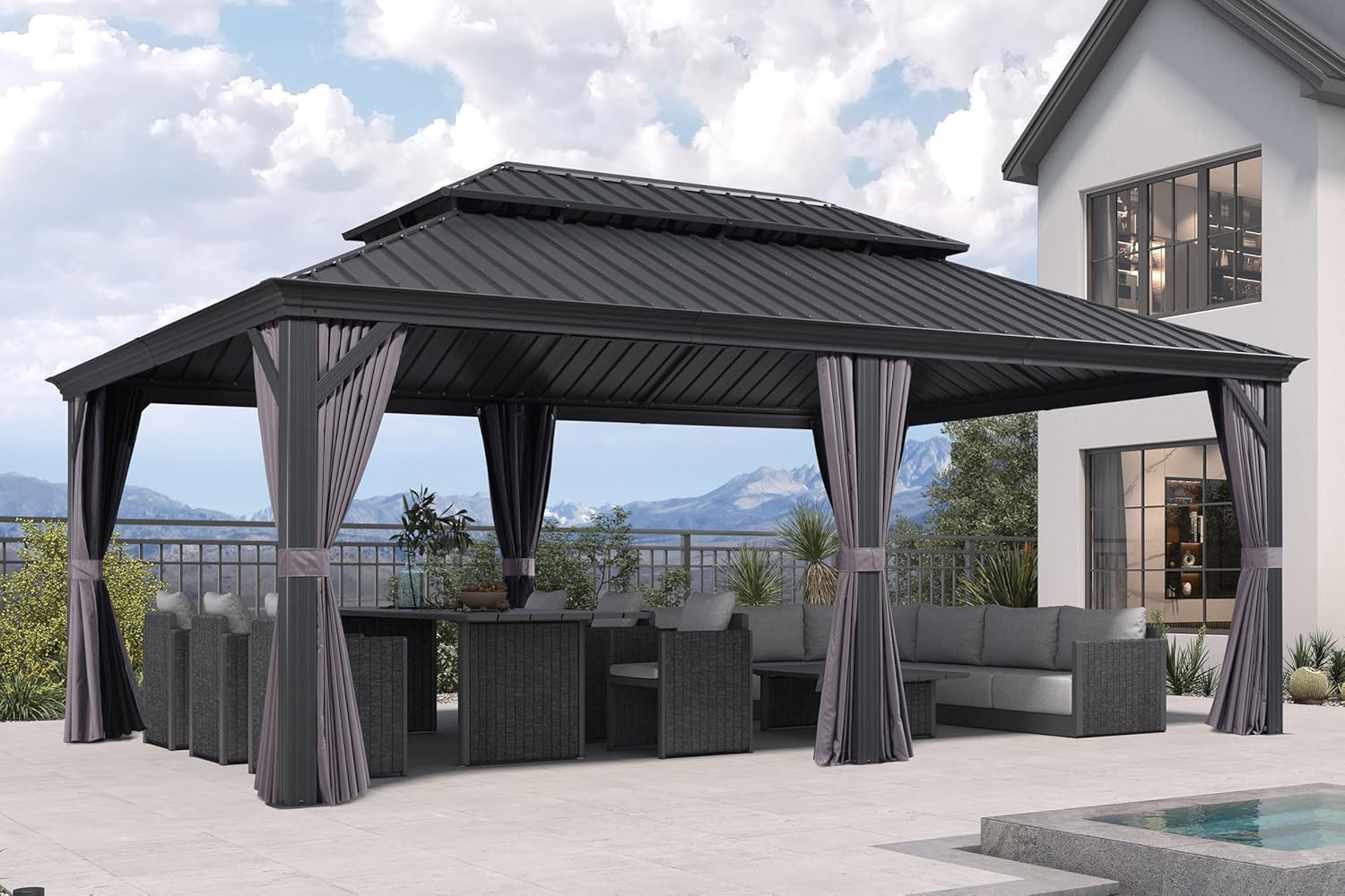 jardinito - Pergola Série Extérieur - 6x4m - Toit acier, moustiquaire, rideaux, gouttière