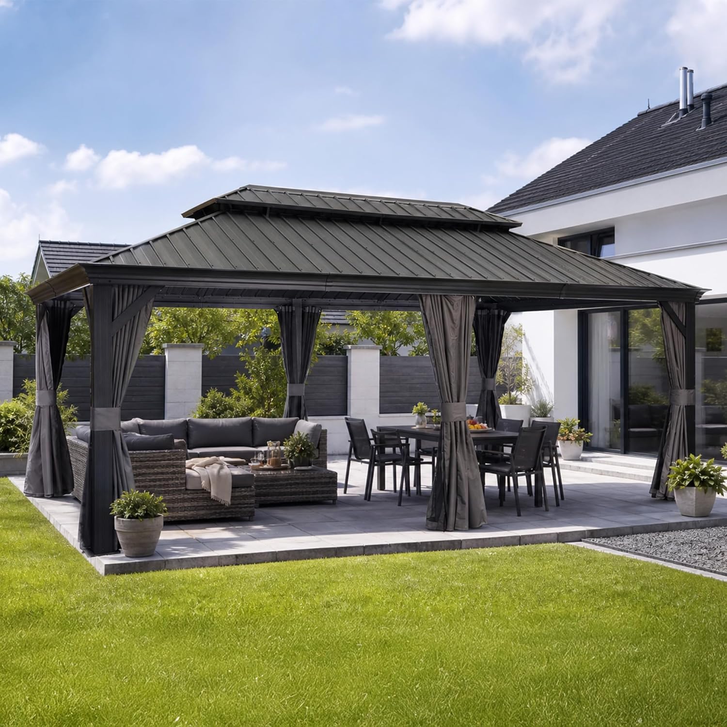 jardinito - Pergola double toit acier - 6x3,65m - moustiquaire, rideaux, gouttière, poteaux renforcés