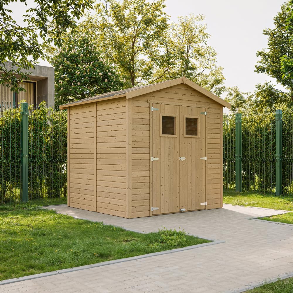 Abri de Jardin en Bois Naturel - Stockage extérieur avec fenêtres H228x222x233 cm/4,2 m² Hangar en Bois Naturel - Atelier Rangement Outils et vélos- jardinito M351