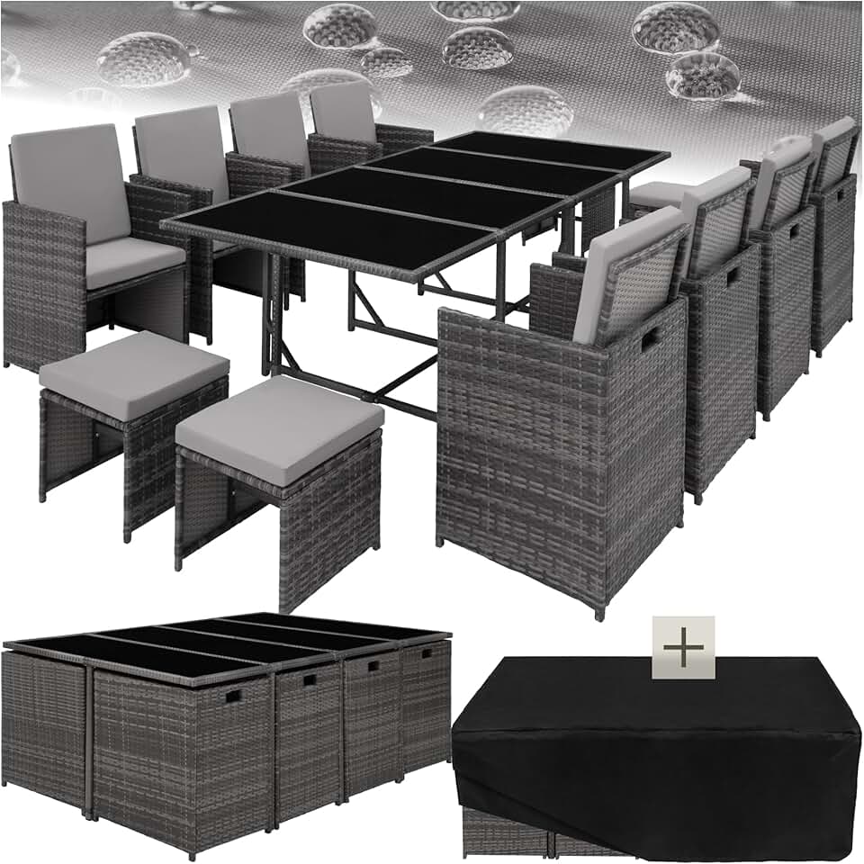 jardinito - Salon Résine Tressée, 8 chaises, 4 tabourets, table, gris