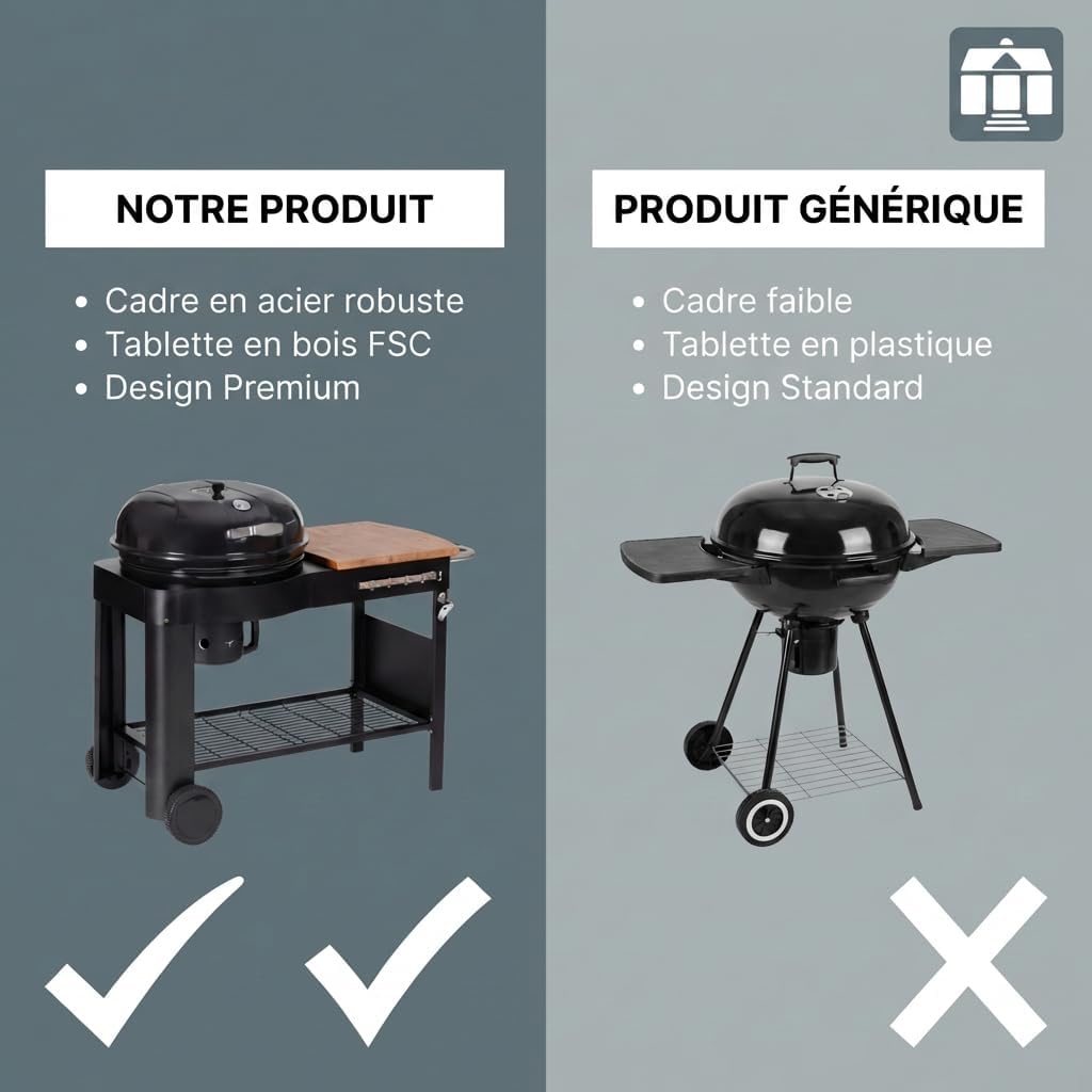 jardinito - Barbecue Calgary - acier/bois - couvercle thermomètre, tablettes, 2 roues, noir