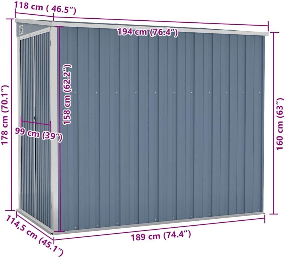jardinito Abri de Jardin Mural Gris 118x194x178 cm Acier galvanisé,Maison & Jardin, Pelouses & Jardins, Vie en extérieur, Structures extérieures, Cabanes & abris de Jardin, Gris (Poids 31.54KG)