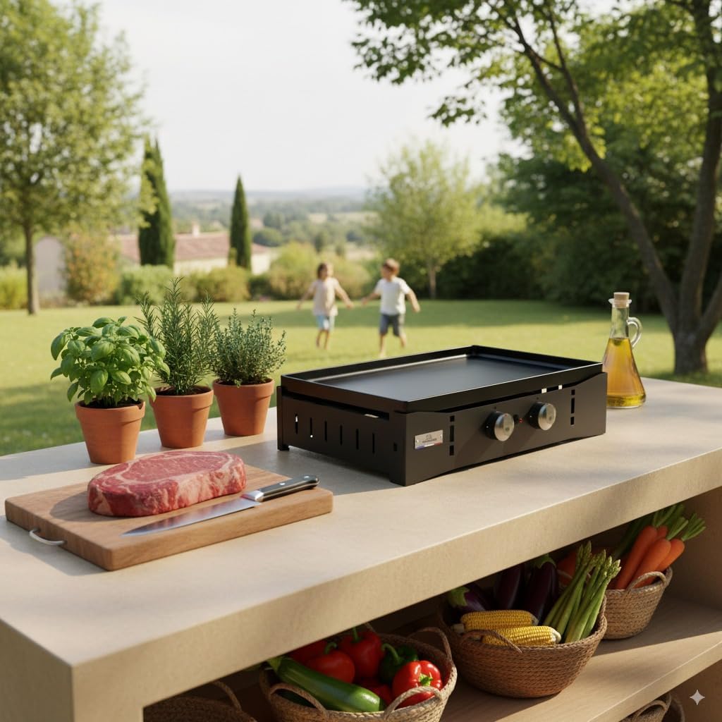 Marque - jardinito Plancha Ora Gaz - 260 Noire - Plancha gaz robuste et compacte, surface de cuisson large.