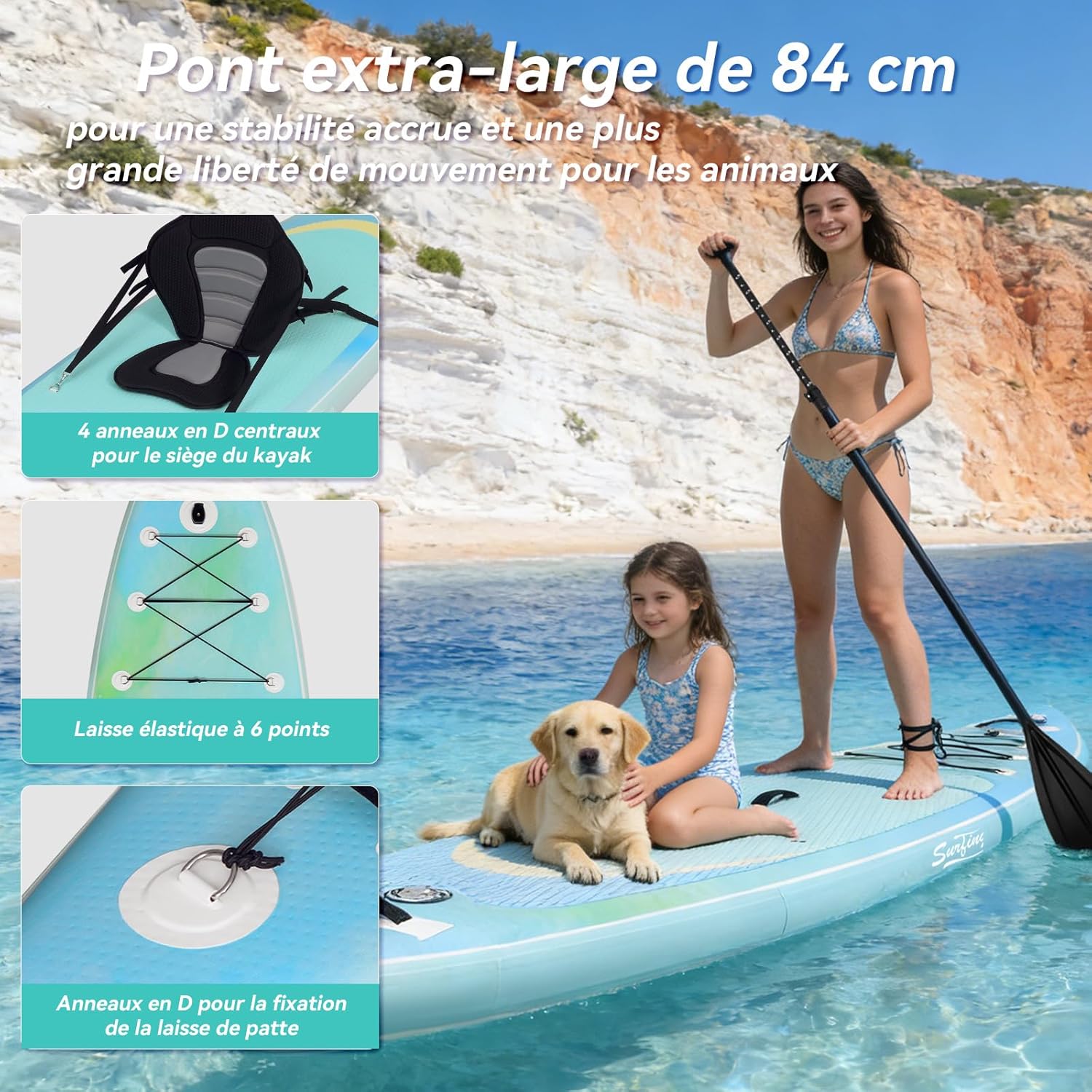 jardinito - paddle gonflable adulte - 320/335cm - 2 places, siège kayak, pagaie alu, support caméra, pompe, 150 kg