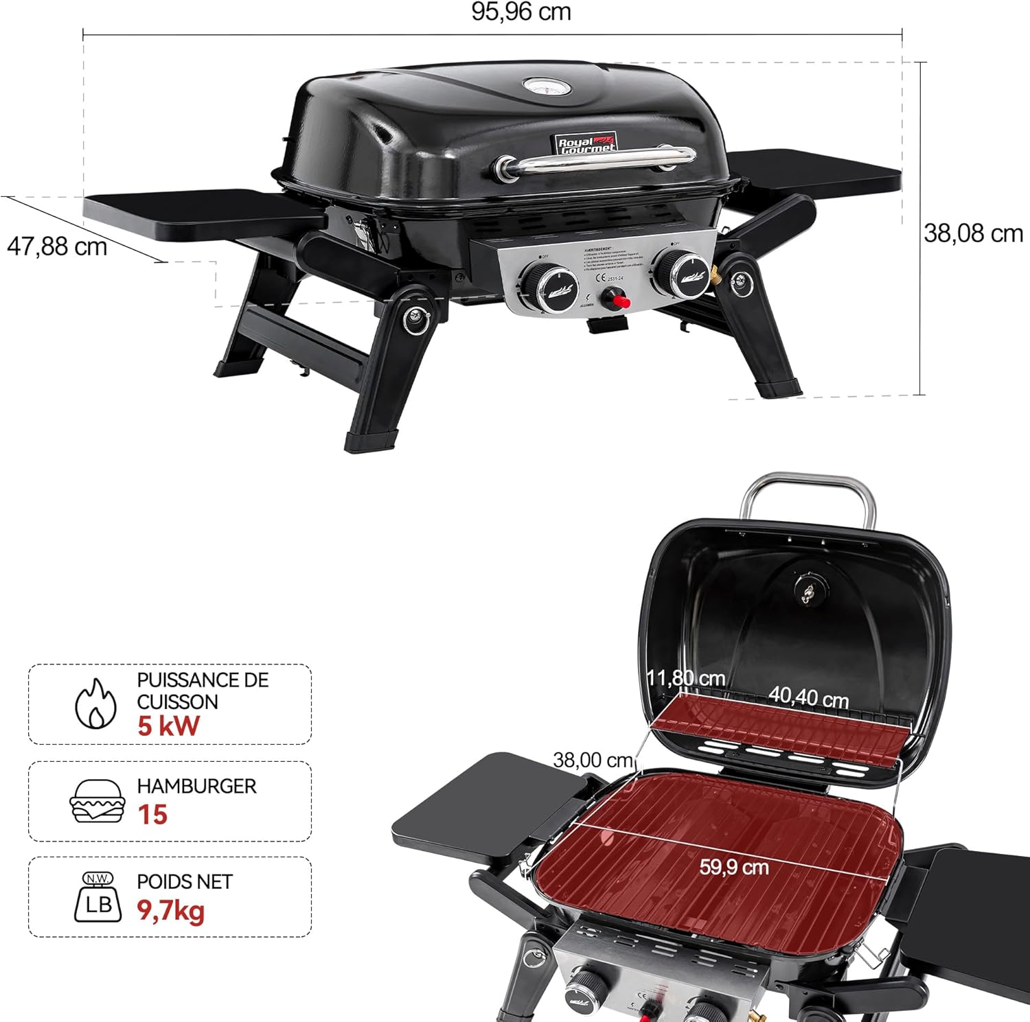 jardinito - Barbecue Gaz 2 brûleurs - 48x37 cm - tables pliables, 5kW