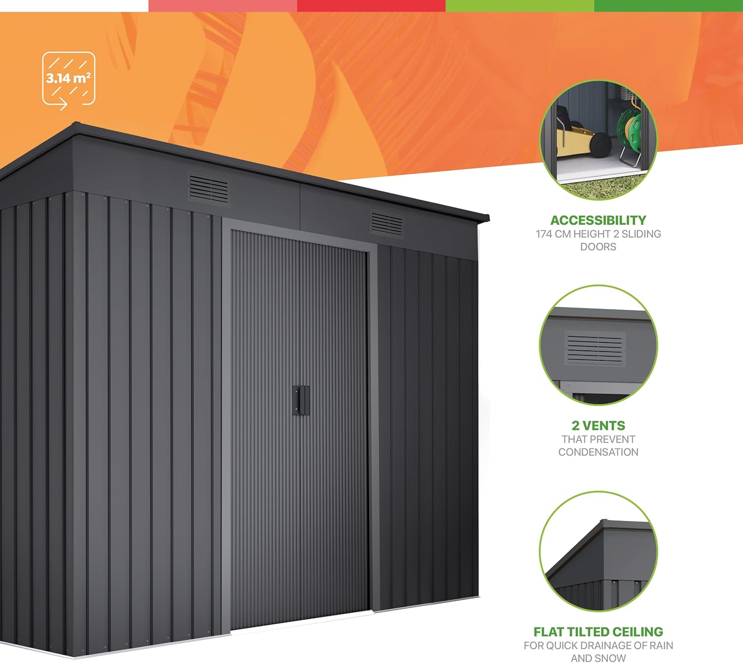 Abri de Jardin en métal 3,14m2 Light Anthracite - 238x130x202cm - 2 caillebotis - Anthracite - Double Porte coulissante - Rangement extérieur