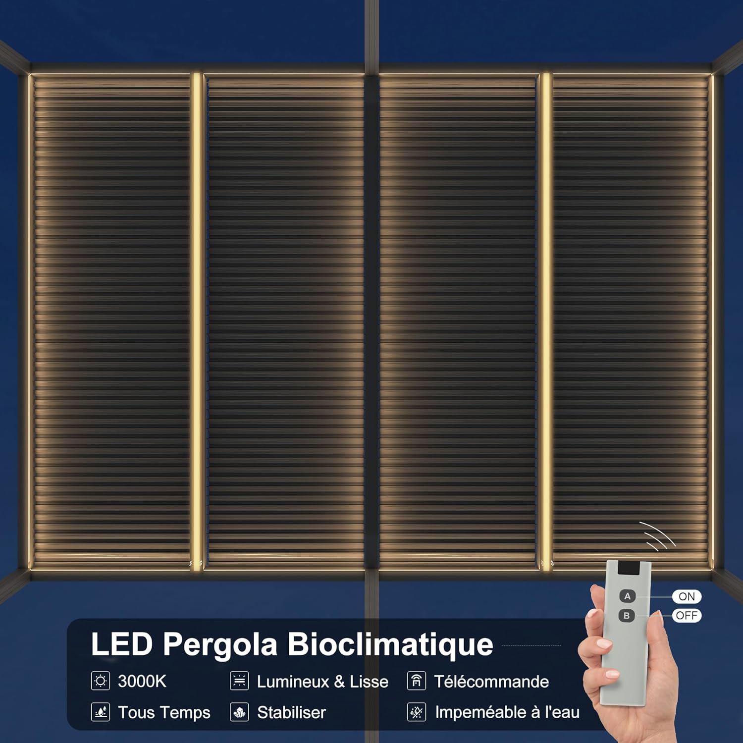 jardinito - Pergola bioclimatique - 6 x 3,68 m - alu, LED, gouttières, gris