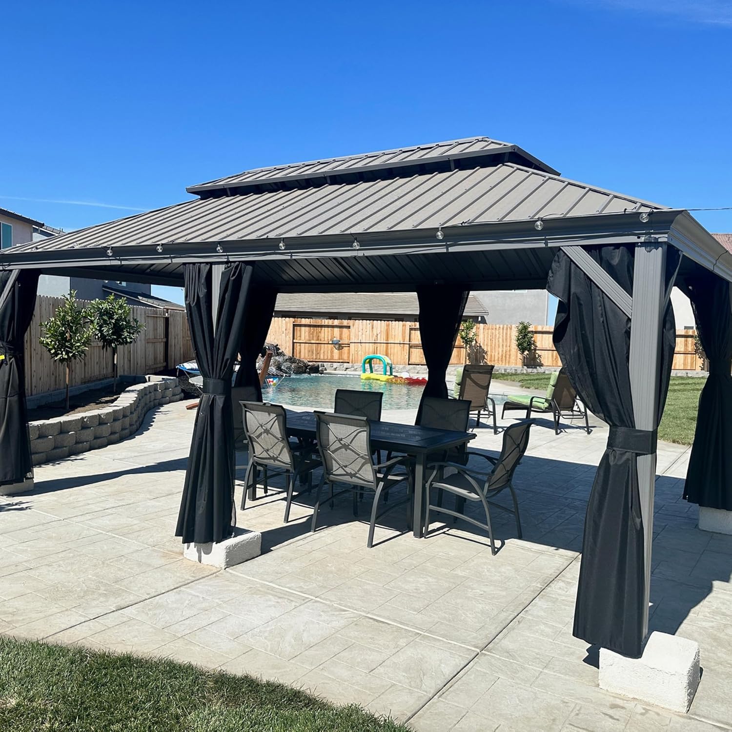 jardinito - Pergola double toit aluminium 3,65x6m rideaux LED, Gris -