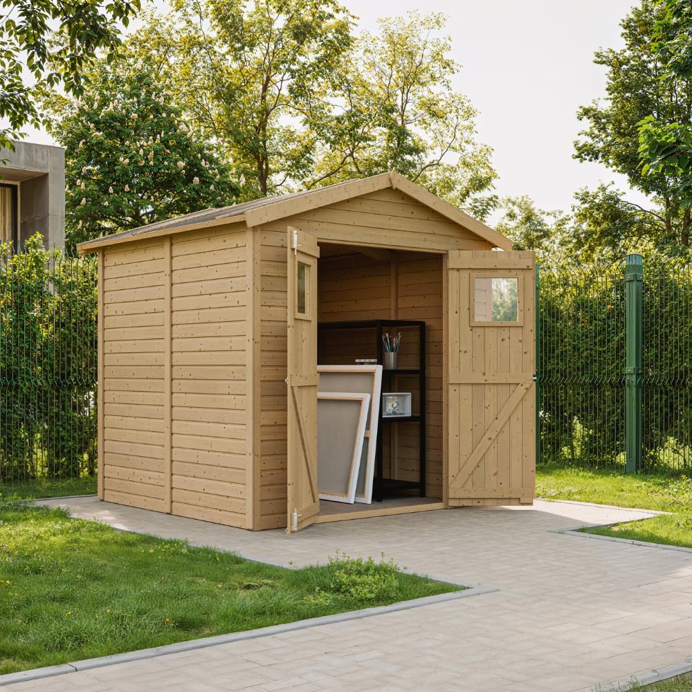 Abri de Jardin en Bois Naturel - Stockage extérieur avec fenêtres H228x222x233 cm/4,2 m² Hangar en Bois Naturel - Atelier Rangement Outils et vélos- jardinito M351