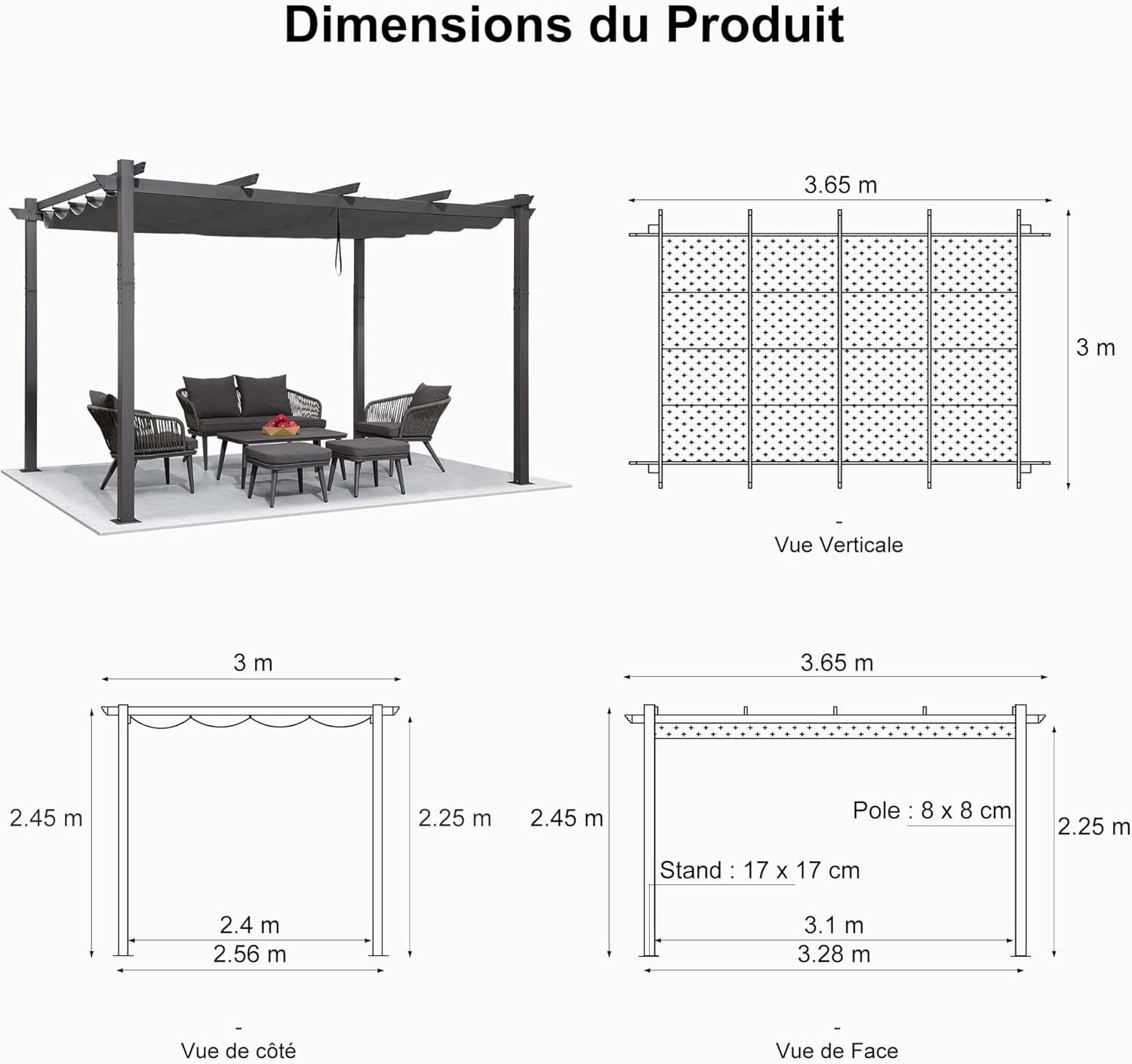 jardinito - pergola aluminium - 3,65x3m - toit rétractable LED, tissu gris