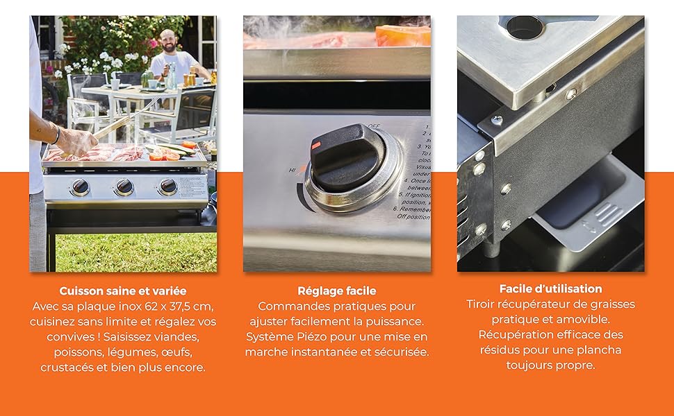 Plancha Cadix 3 feux Plaque inox jardinito
